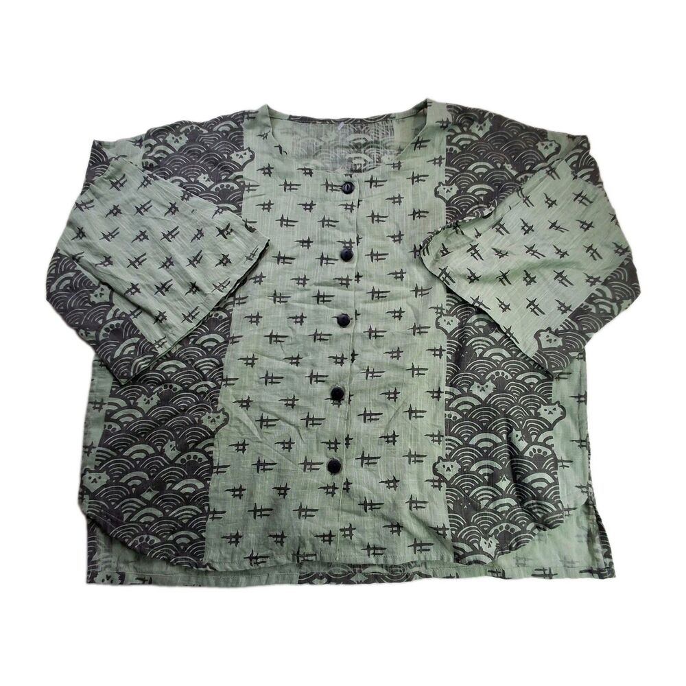 Mona Lisa L/XL Cat Design Boxy Blouse 3/4 Sleeve 100% Cotton Green Boho Hippie